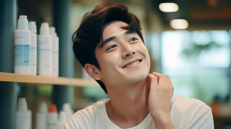 Handsome man with sun screen products