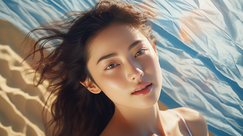 Beautiful woman at the beach flaunting her skin