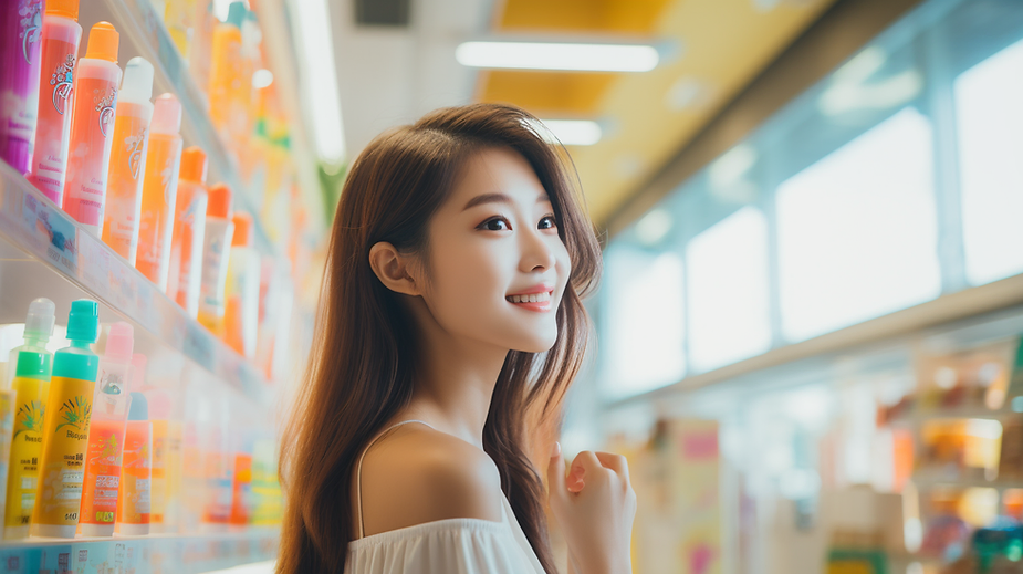 Woman choosing sun screen products at the beauty store