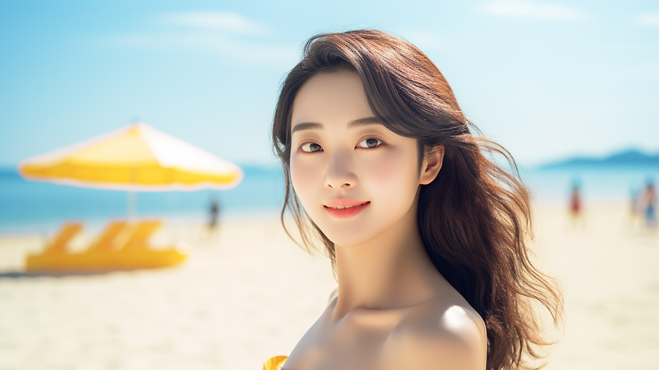 A flawless woman flexing her skin at the sunny beach