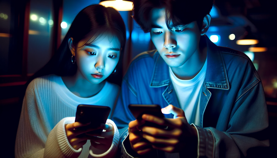 a cpuple on their phone that is emitting blue light
