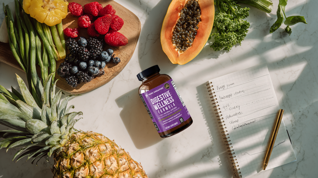 digestive enzyme supplement bottle on clean surface, glowing aura effect around it symbolizing energy and better digestion, sleek modern health product photography, bright and optimistic tone