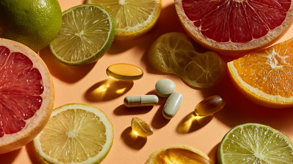 Creative still life of citrus fruits, vitamin C supplements, and zinc capsules arranged aesthetically on a table, fresh tropical theme, vibrant colors, wellness magazine photography